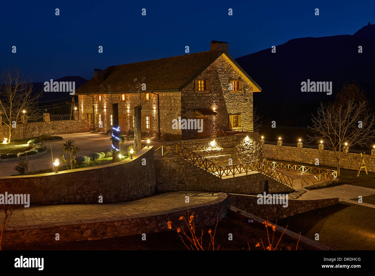 Nachtaufnahme Hotel Deutsch Mühle Bolnisi, Kvemo Kartli, Georgien Stockfoto