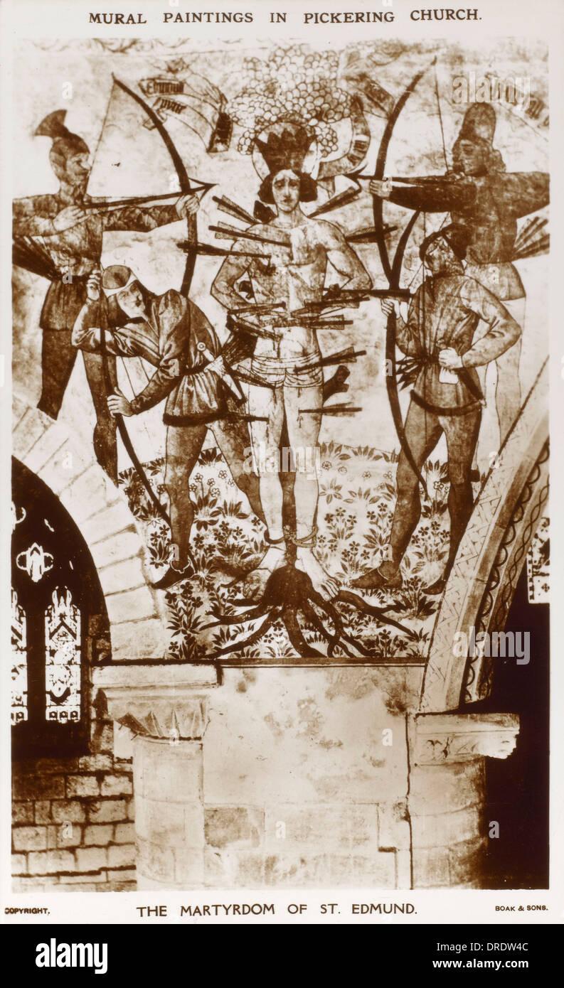 Wandbild in Pickering Kirche - das Martyrium des St. Edmund Stockfoto