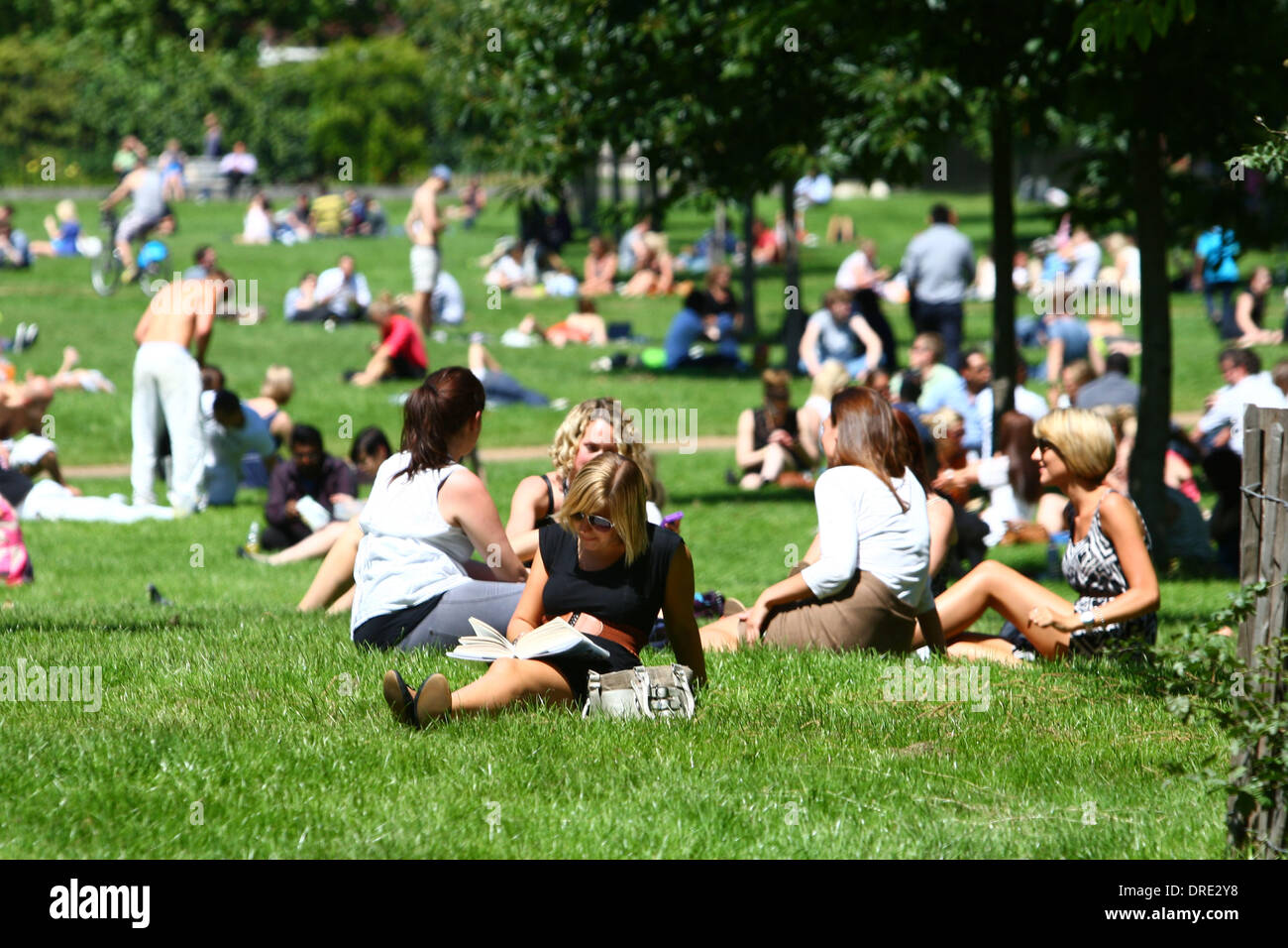 Londoner genießen Sie die Sonne im Hyde Park an einem sehr warmen Nachmittag in der Hauptstadt. Den letzten Wetter warmen eine willkommene Abwechslung nach einem miserablen Start in die britische Sommer. Erfahrenste des Vereinigten Königreichs hat heftige Regenfälle und einige Bereiche wurden unter schweren Überschwemmungen.  London, England - 23.07.12 Stockfoto