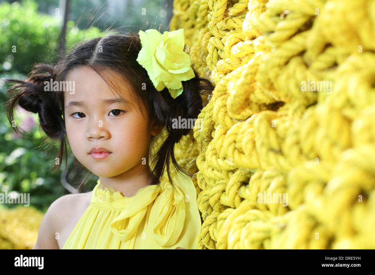 Junge asiatische Mädchen, umgeben von gelb Stockfoto