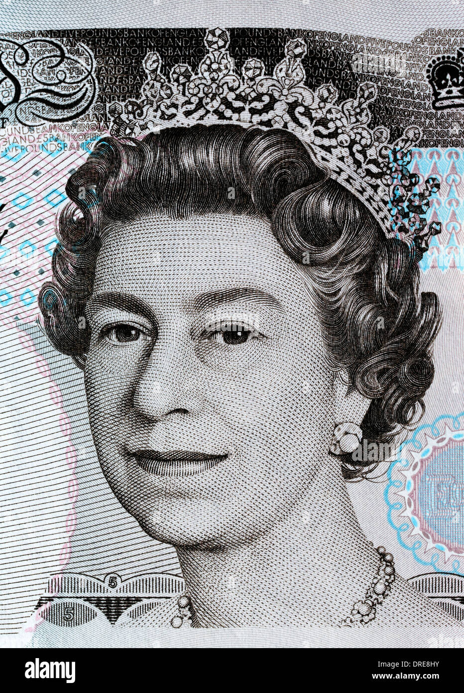 Porträt von Königin Elizabeth II von 5 Pfund Banknote, UK, 1999 Stockfoto