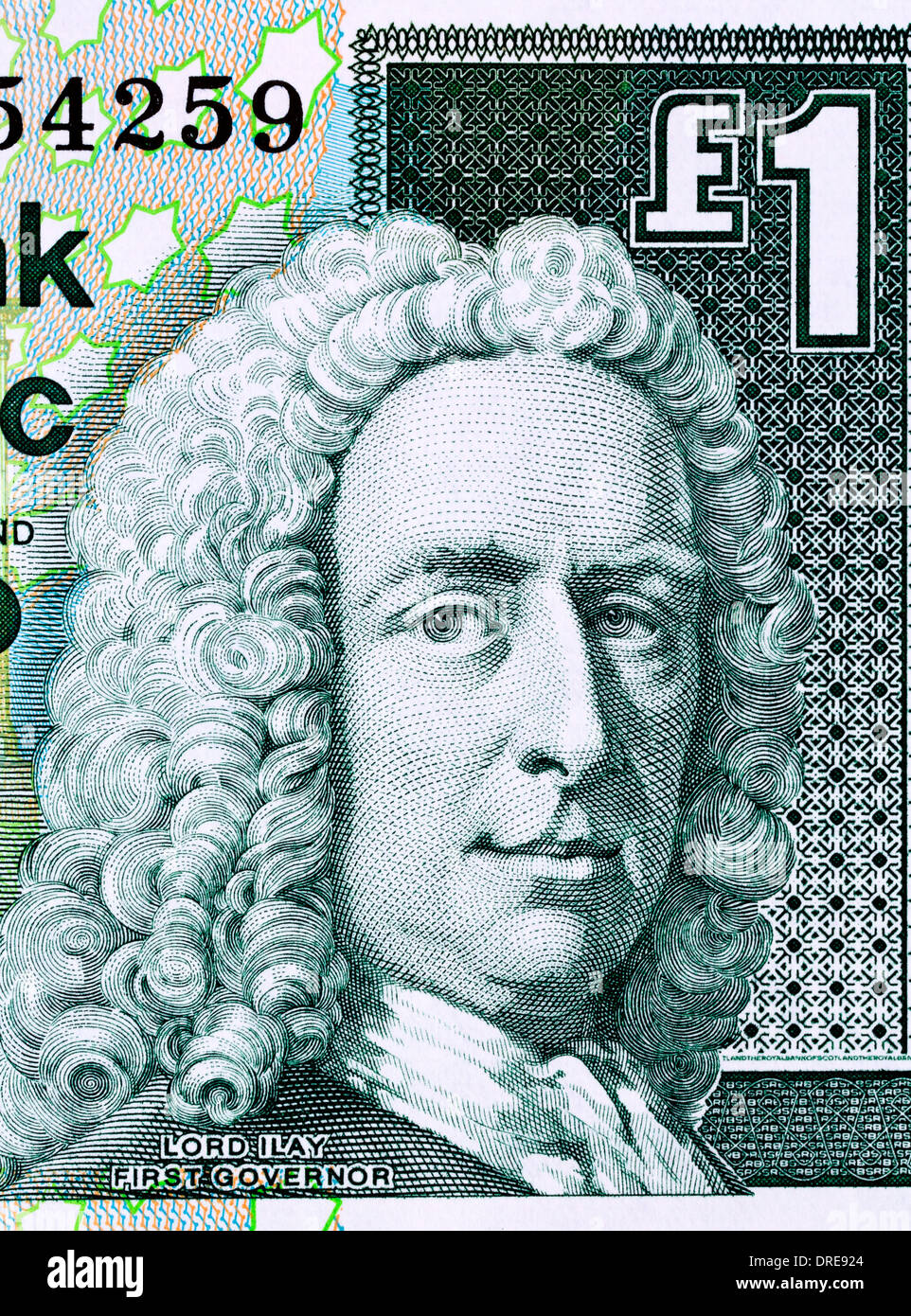 Porträt von Lord Ilay von 1 Pfund Banknote, Schottland, 1999 Stockfoto