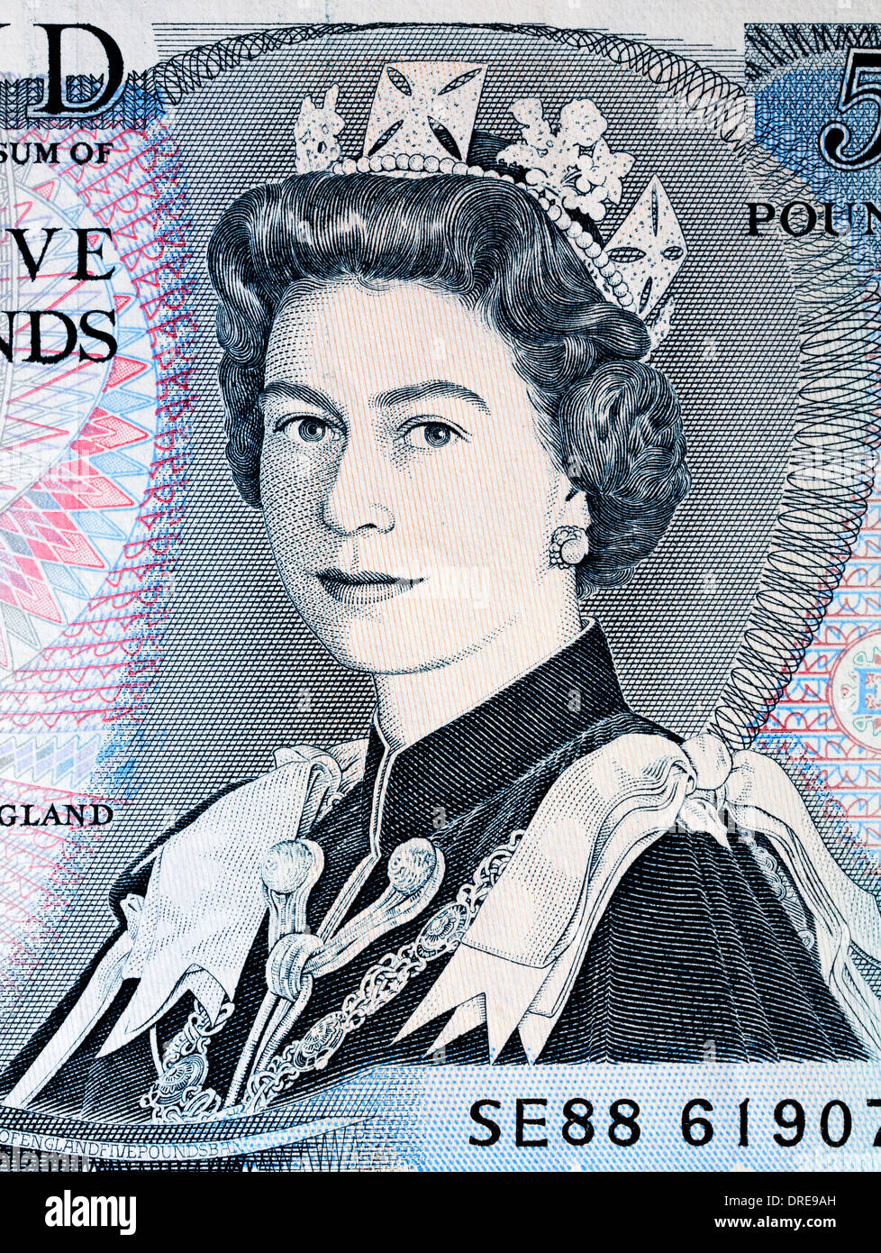 Porträt von Königin Elizabeth II von 5 Pfund Banknote, UK, 1988 Stockfoto