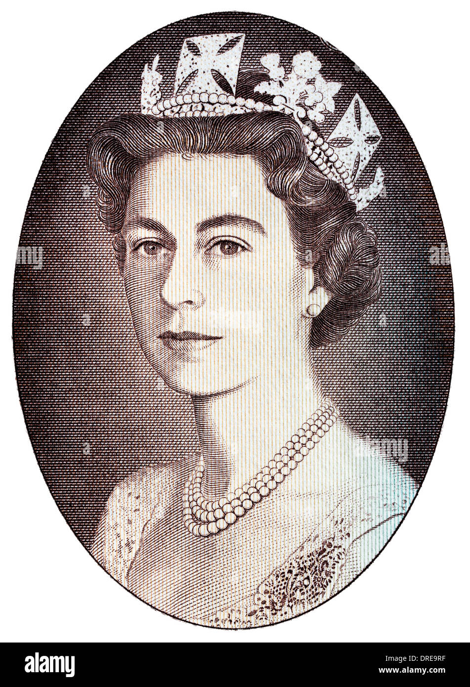 Porträt von Königin Elizabeth II von 10 Pfund Banknote, UK, 1970 Stockfoto