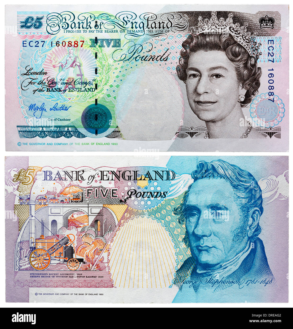5-Pfund-Banknote, Queen Elizabeth II. und George Stephenson, UK, 1999 Stockfoto