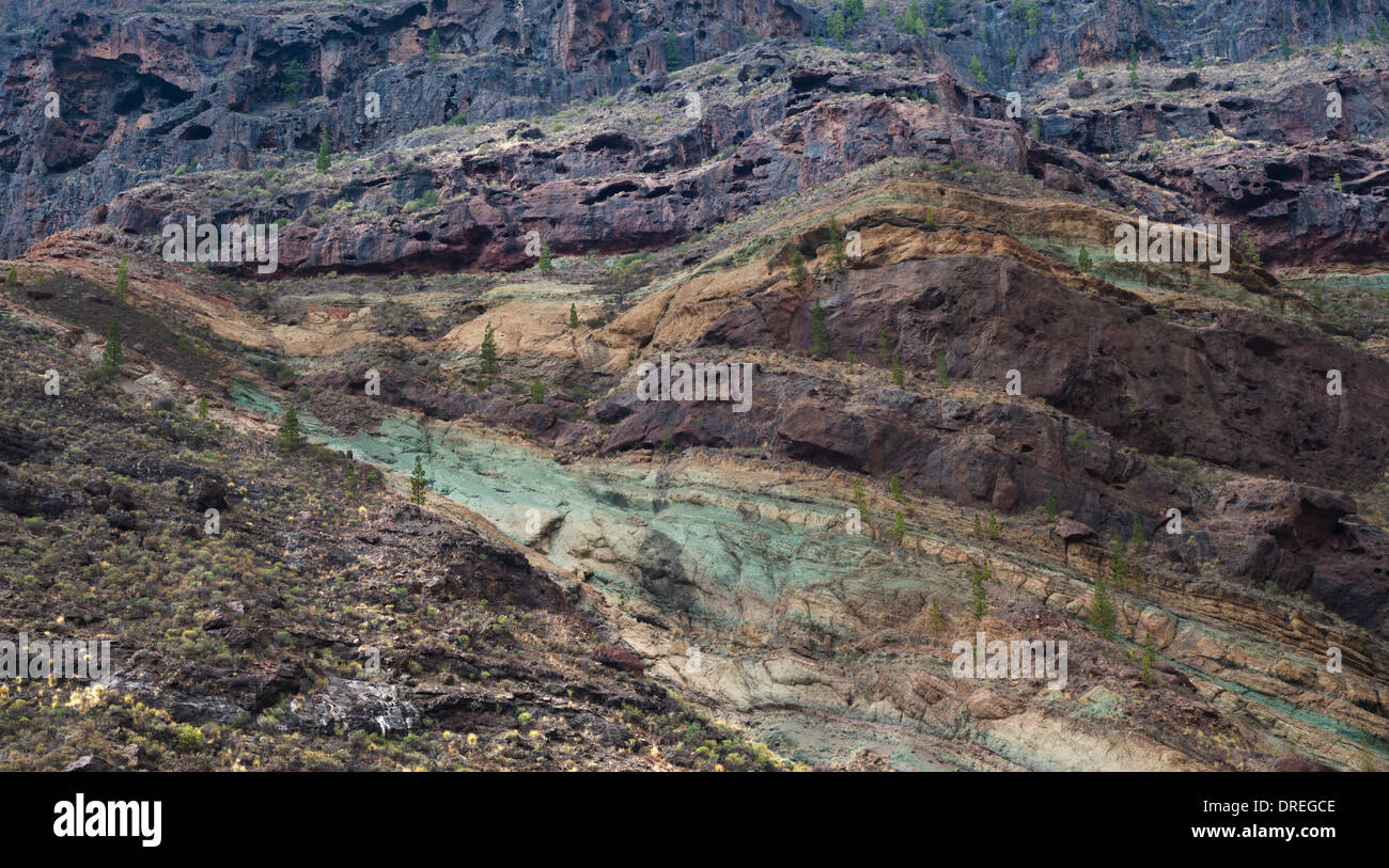 Farbe-gebändert, hydrothermally veränderte vulkanischen Felsen am Los Azulejos, Mogan, Gran Canaria, Kanarische Inseln Stockfoto