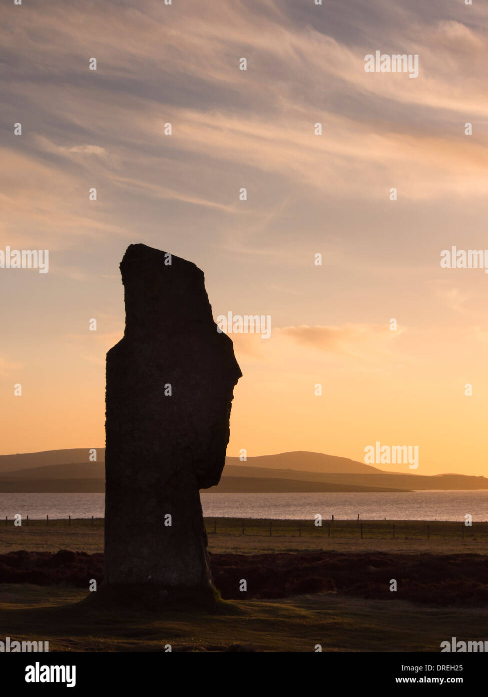 Ring of Brodgar, Orkney-Inseln bei Sonnenuntergang Stockfoto