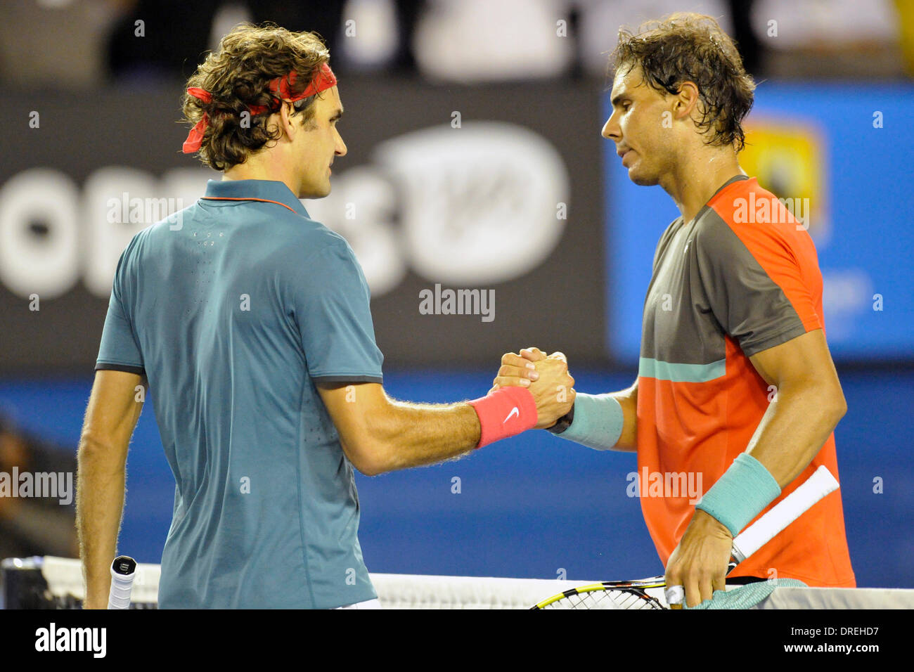 Melbourne, Australien. 24. Januar 2014. Rafael Nadal aus Spanien und Roger Federer der Schweiz in Aktion am Tag zwölf der Australian Open aus Melbourne Park. Bildnachweis: Aktion Plus Sport/Alamy Live-Nachrichten Stockfoto