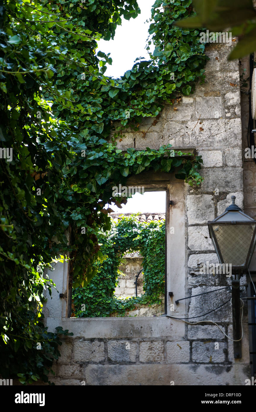 durch ein Fenster in einer alten Stadtmauer zu sehen. die Wand ist mit Efeu bewachsen. Foto von Trogir, Kroatien Stockfoto
