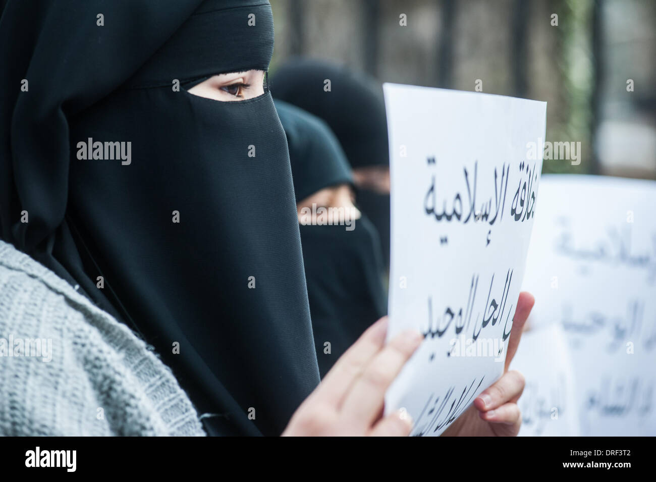 London, UK. 24. Januar 2014. Ein Demonstrant hält ein Plakat vor der Regents Park Moschee. Bildnachweis: Piero Cruciatti/Alamy Live-Nachrichten Stockfoto