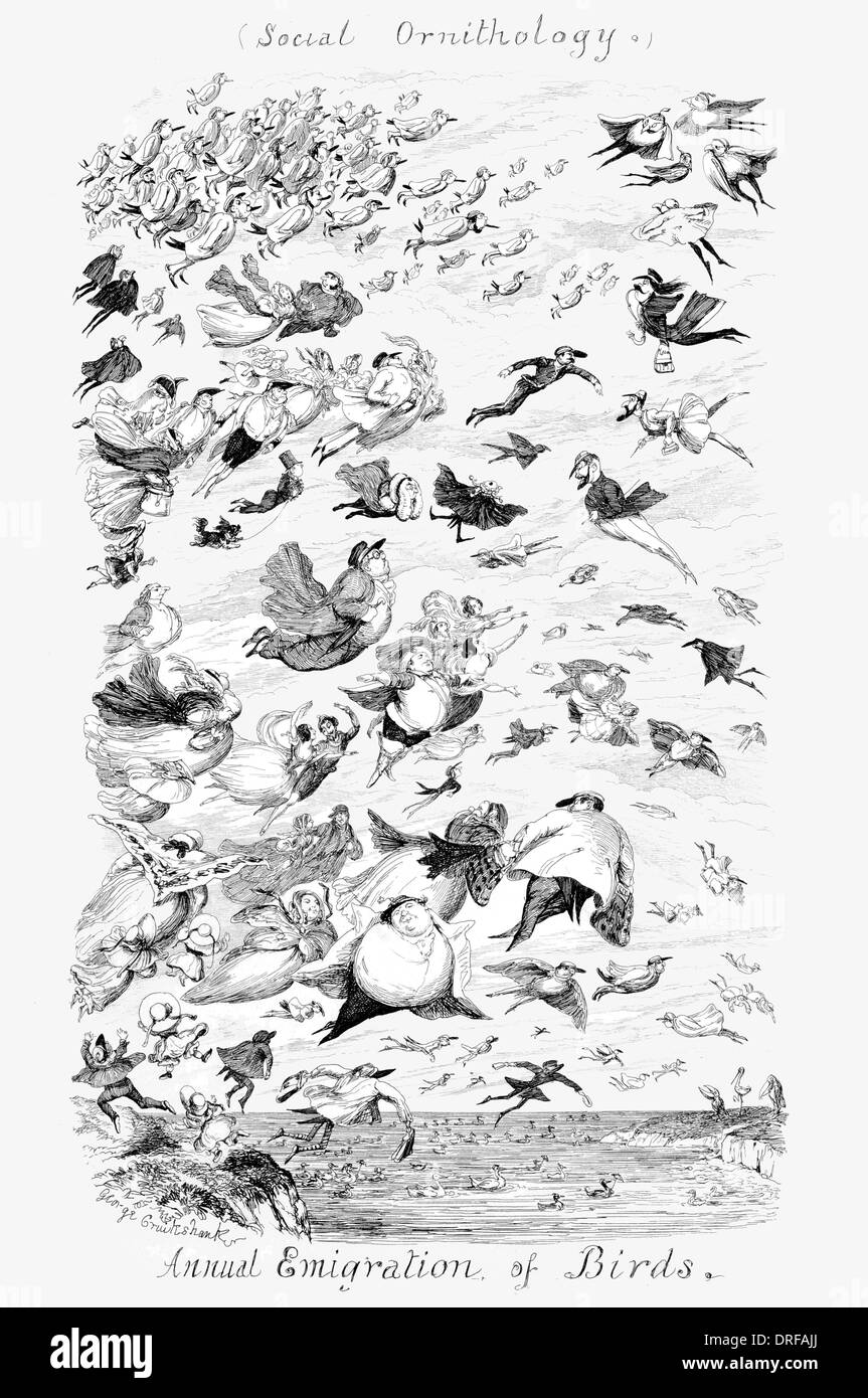 George Cruikshank soziale Ornithologie jährliche Auswanderung der Vögel erste veröffentlichte 1845 Stahlstich Stockfoto
