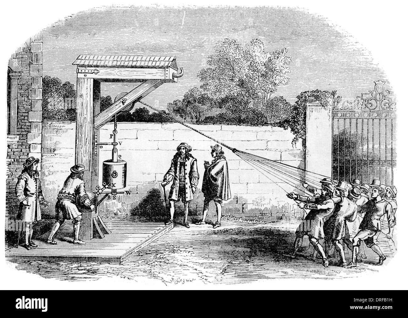 Experimente mit den Glaszylinder zeichnen eine Truppe von Männern in Richtung zu ihm. 1656 Stockfoto