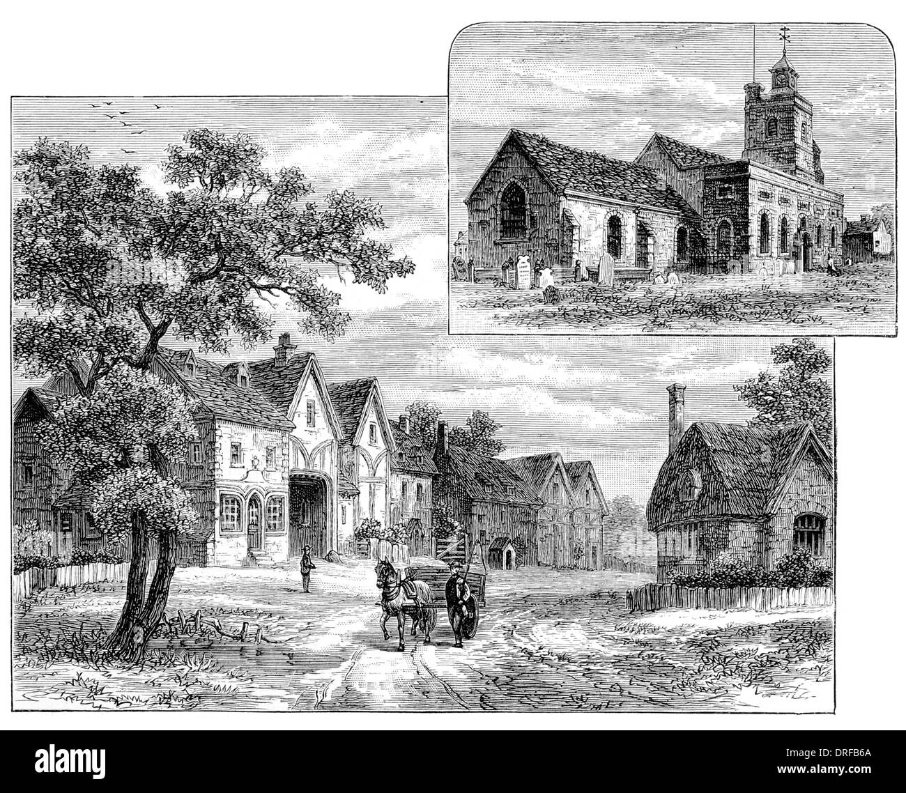 Acton Kirche und Acton Town. Ende des 18. Jahrhunderts London um 1880 Stockfoto