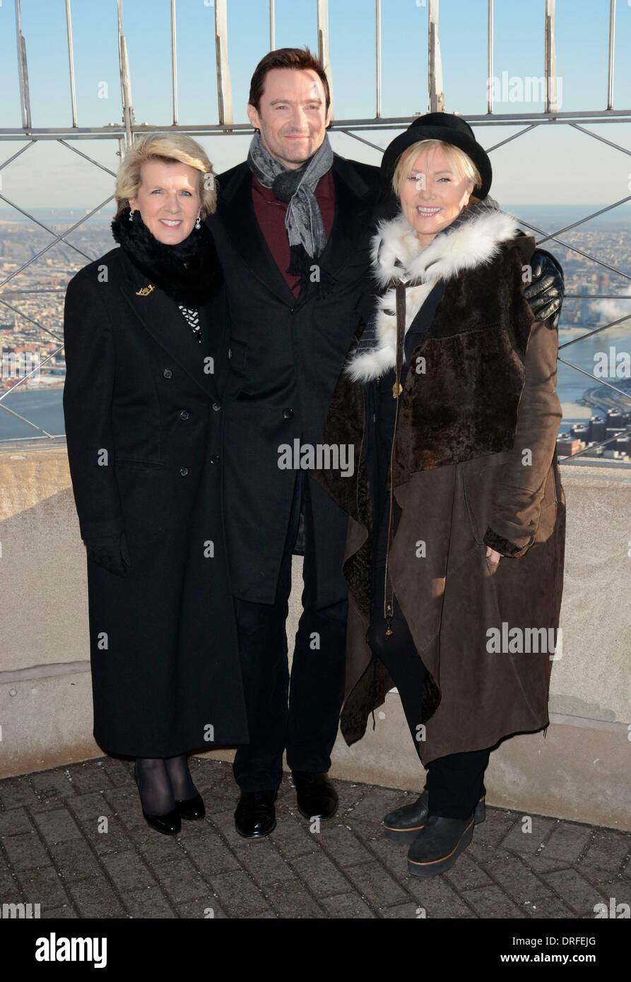 New York, NY, USA. 24. Januar 2014. Julie Bishop: Australischer Minister für auswärtige Angelegenheiten, Hugh Jackman, Deborra-Lee Furness auf der Pressekonferenz für Empire State Building Lighting in Honor of Australia Day, Empire State Building, New York, NY 24. Januar 2014. Bildnachweis: Derek Sturm/Everett Collection/Alamy Live-Nachrichten Stockfoto