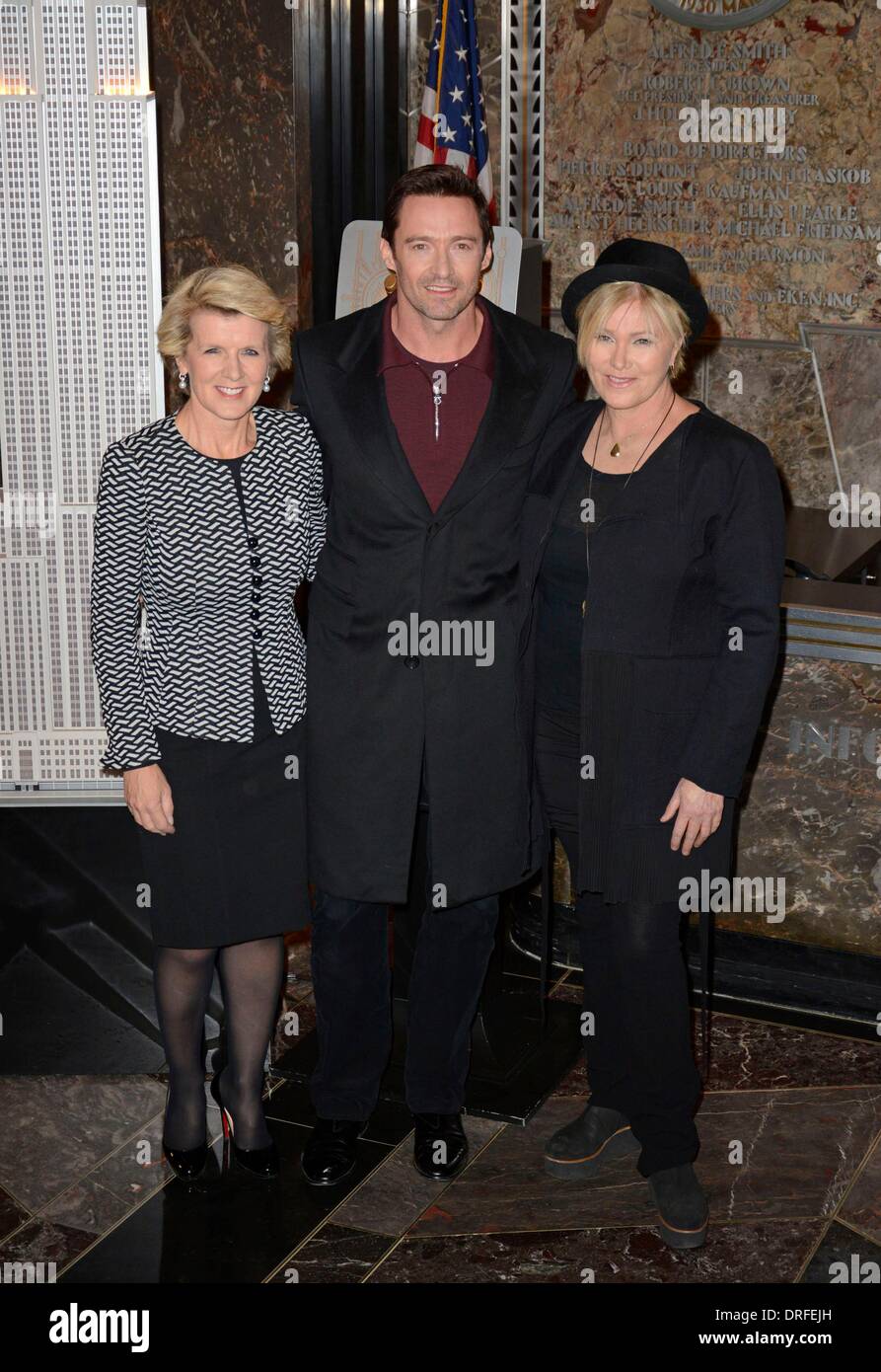New York, NY, USA. 24. Januar 2014. Julie Bishop: Australischer Minister für auswärtige Angelegenheiten, Hugh Jackman, Deborra-Lee Furness auf der Pressekonferenz für Empire State Building Lighting in Honor of Australia Day, Empire State Building, New York, NY 24. Januar 2014. Bildnachweis: Derek Sturm/Everett Collection/Alamy Live-Nachrichten Stockfoto