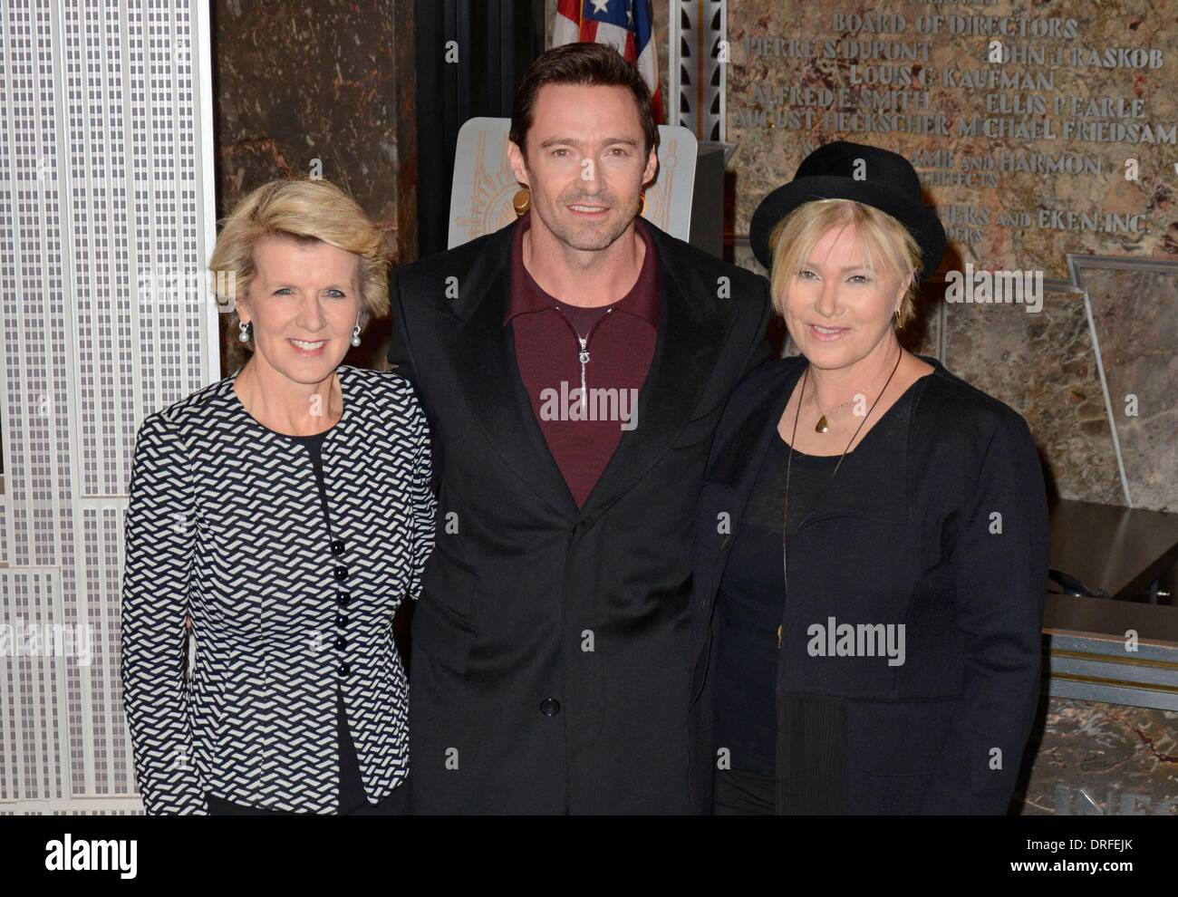 New York, NY, USA. 24. Januar 2014. Julie Bishop: Australischer Minister für auswärtige Angelegenheiten, Hugh Jackman, Deborra-Lee Furness auf der Pressekonferenz für Empire State Building Lighting in Honor of Australia Day, Empire State Building, New York, NY 24. Januar 2014. Bildnachweis: Derek Sturm/Everett Collection/Alamy Live-Nachrichten Stockfoto