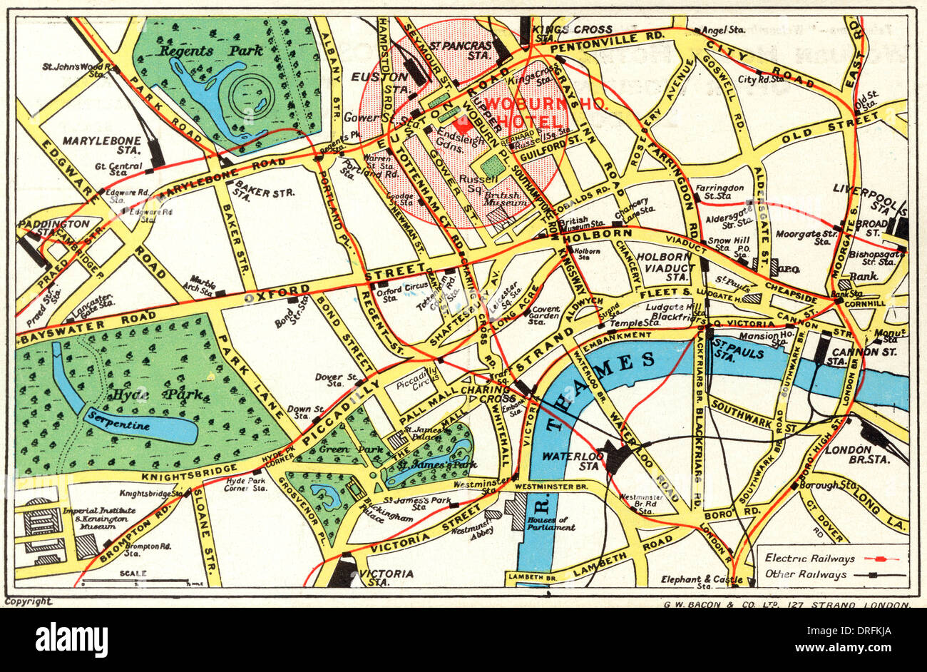 Karte von Central London mit Woburn House Hotel markiert Stockfoto
