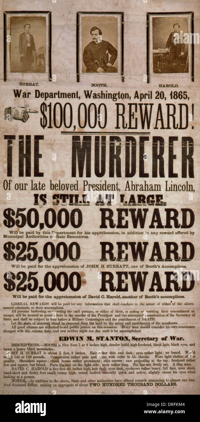 Lohn-Plakat für die Erfassung von John Wilkes Booth für die Ermordung von Präsident Abraham Lincoln Stockfoto