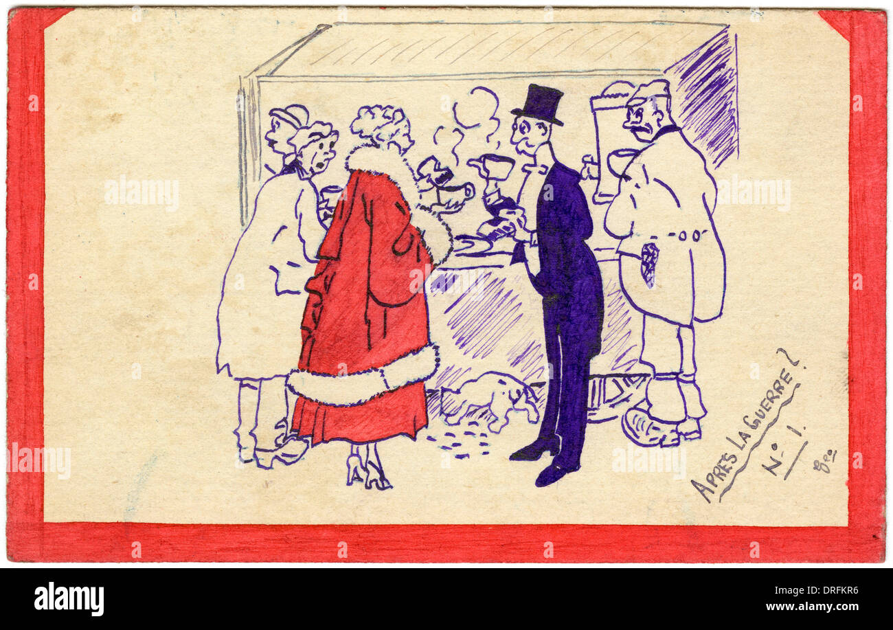 Hand gezeichnete Postkarte von George Ranstead Apres la Guerre Stockfoto