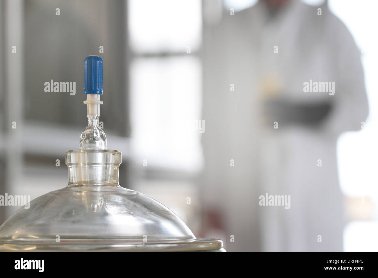 Exsikkator in einem Labor und Techniker stehen im Hintergrund Stockfoto