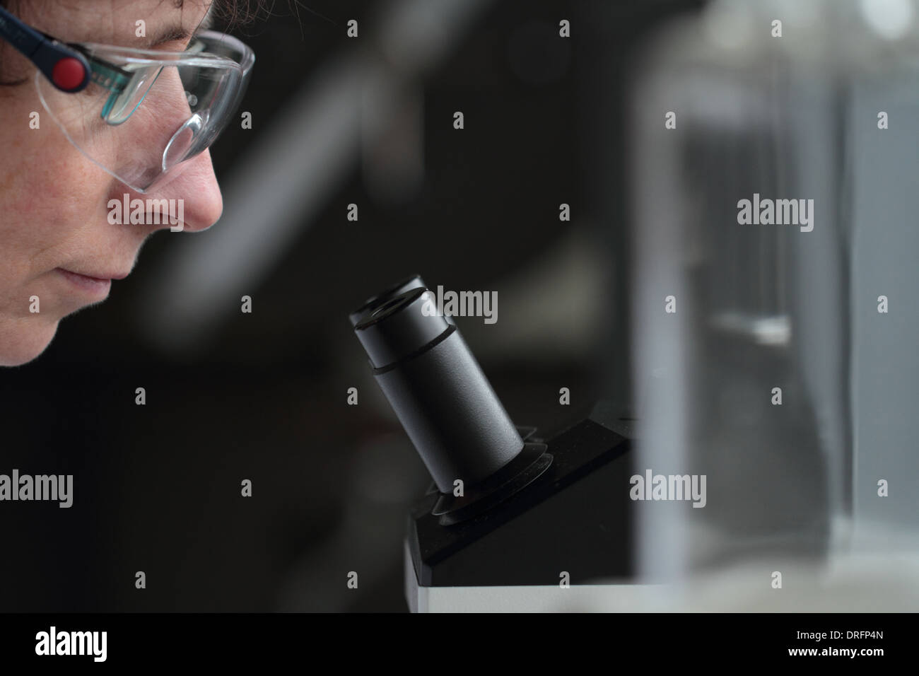 Techniker und ein Okular des Lichtmikroskops Stockfoto
