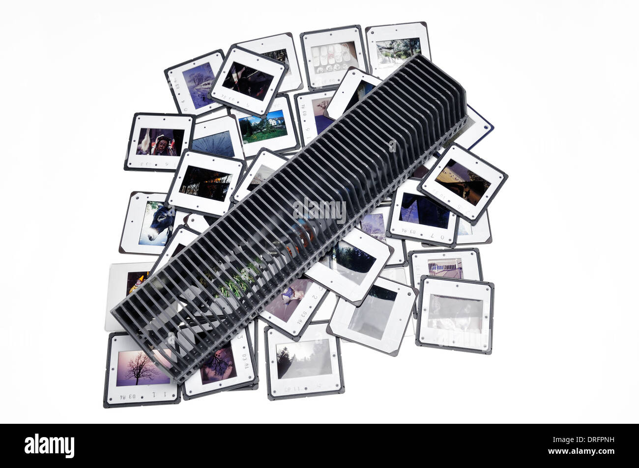 Schieben Sie Fach mit vielen Farbdias - Erinnerungen aus vergangenen Zeiten Stockfoto