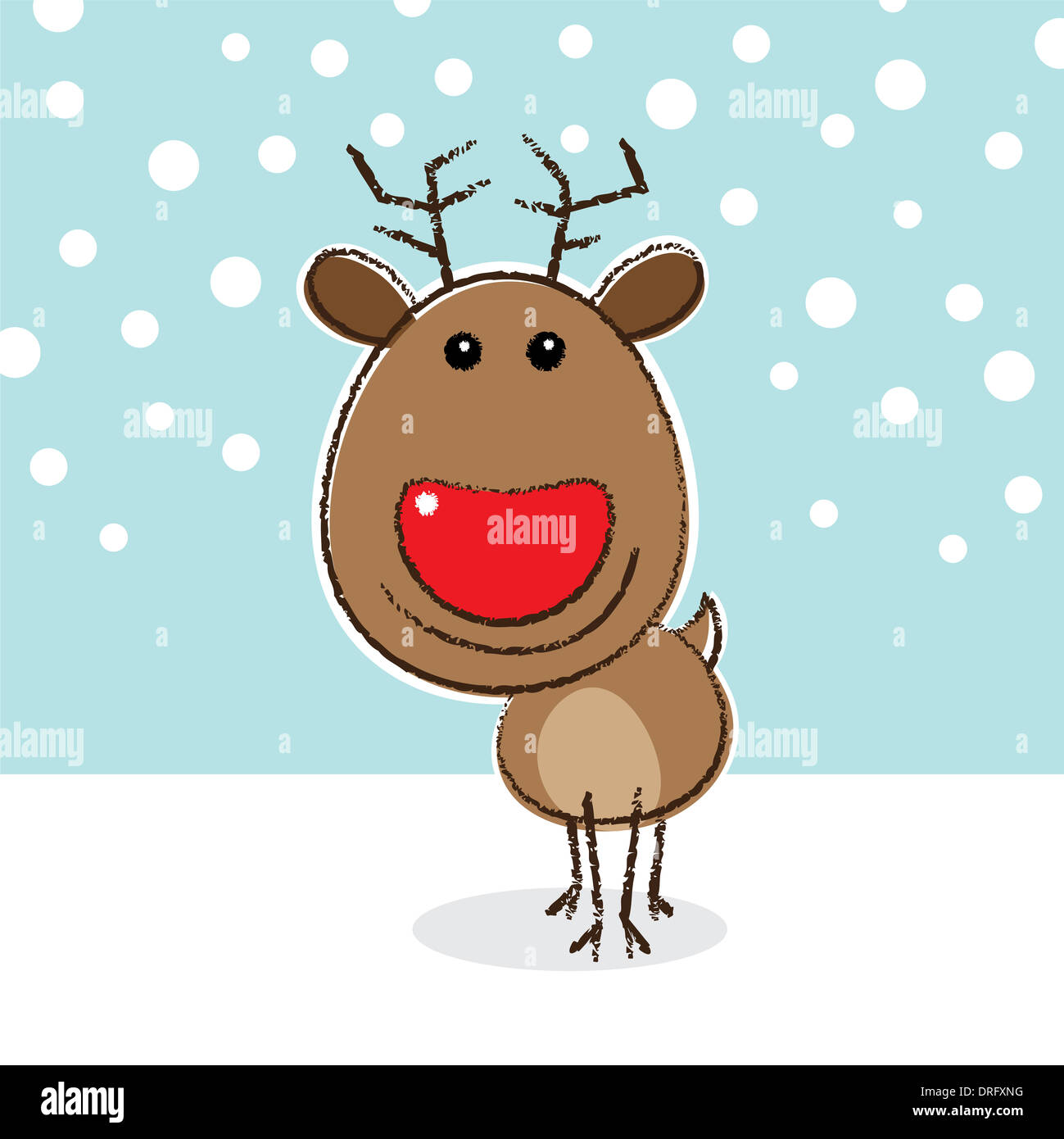 Rudolph the Red Nosed Reindeer lächelnd auf einem verschneiten Hintergrund Stockfoto