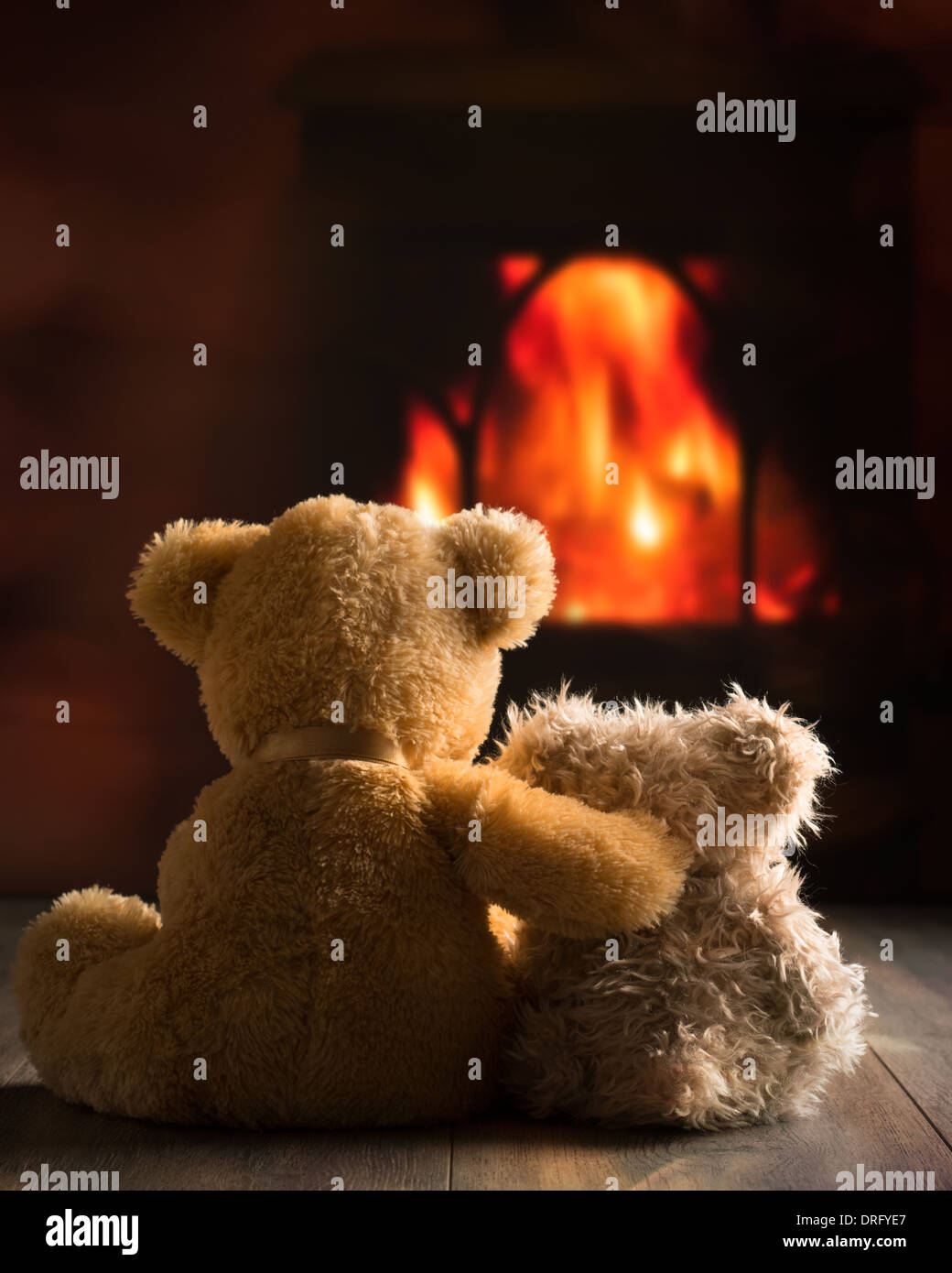 Zwei Teddybären, am Feuer sitzen Stockfoto