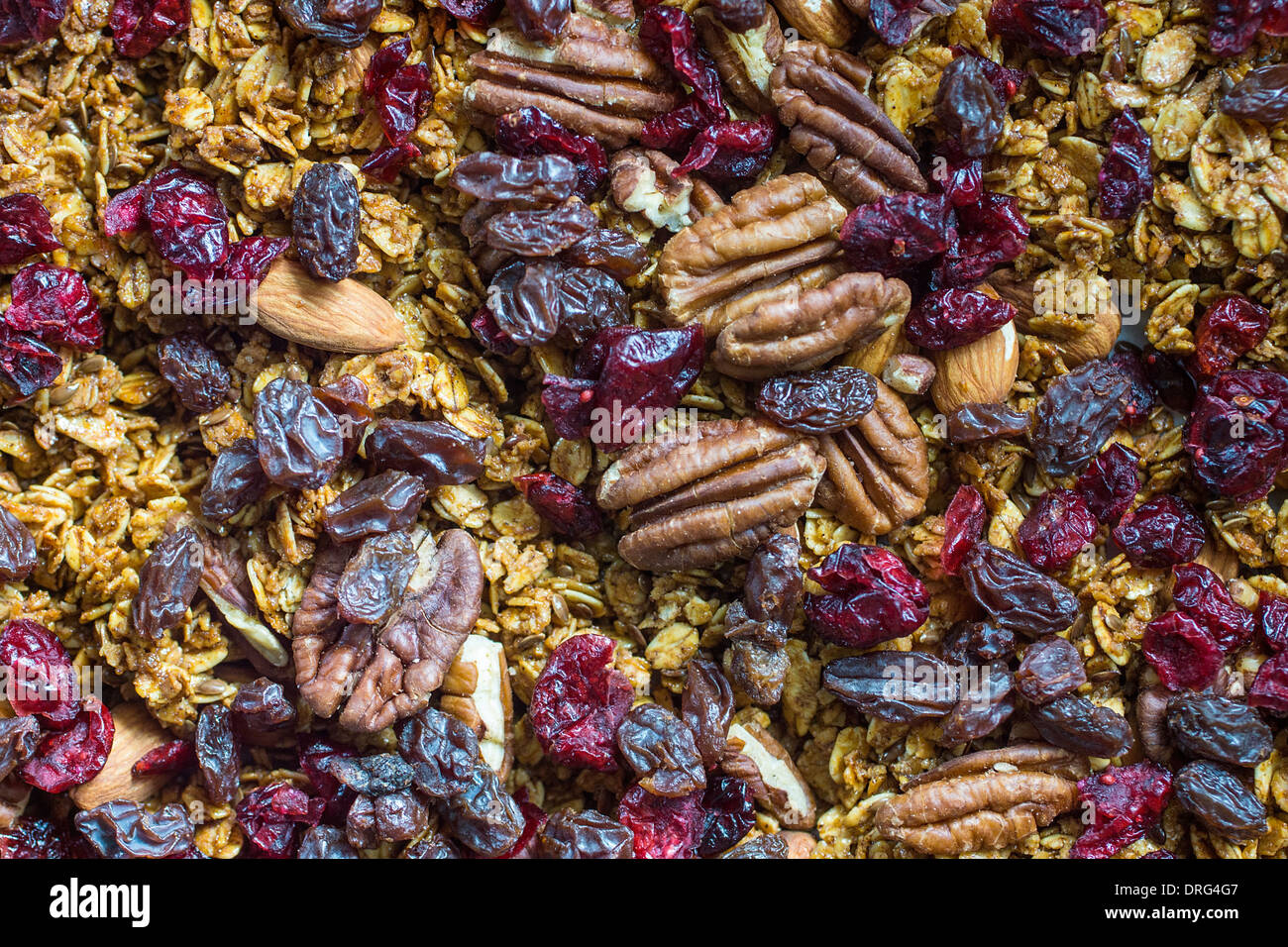 Hausgemachtes Müsli mit Pecan-Nüssen, Beeren und Rosinen. Stockfoto