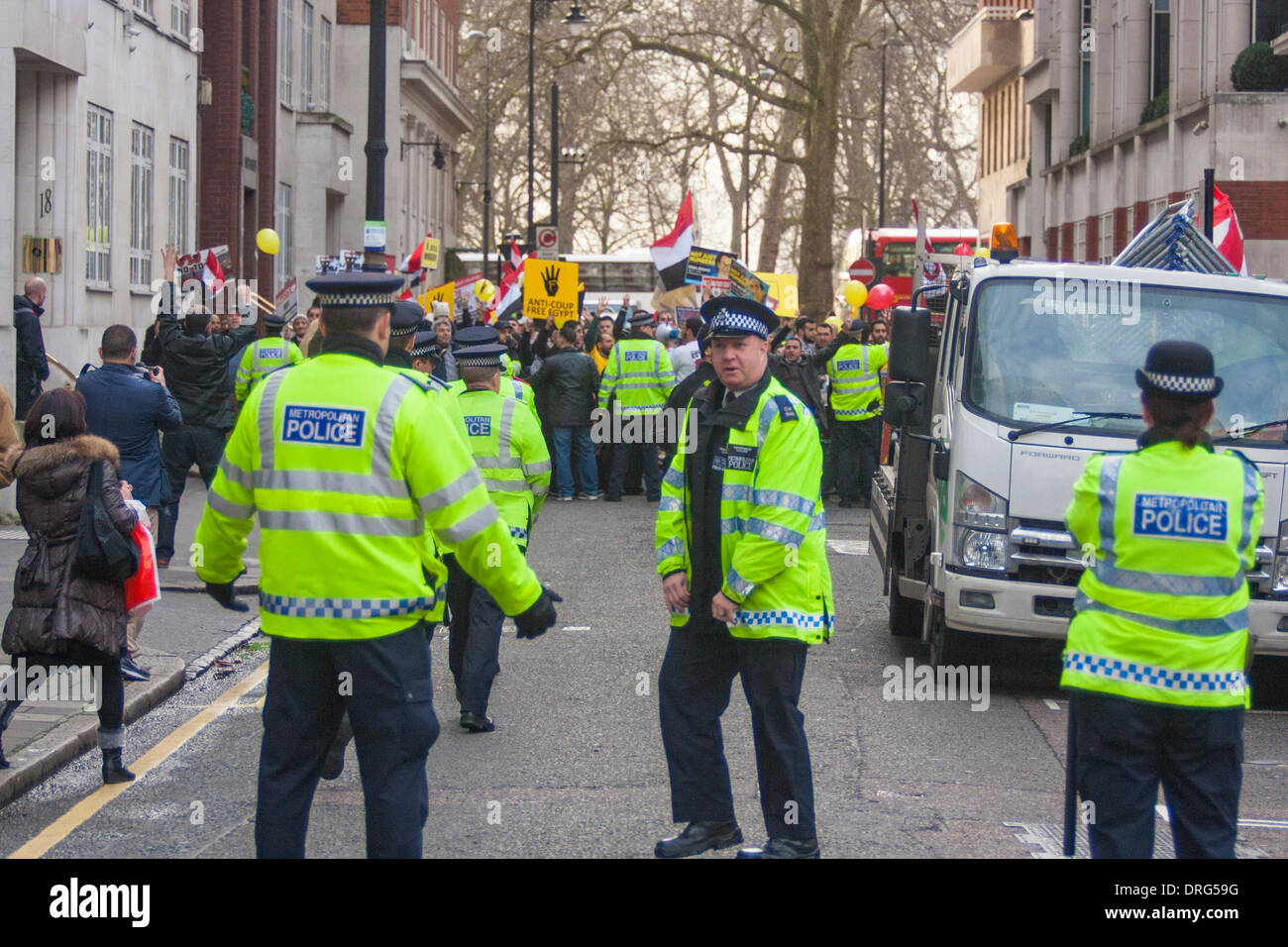 London, UK. 25. Januar 2014. Frauen halten ein riesiges ägyptische Flagge als Ägypter in London drei Jahre seit der Revolution markieren, die das Mubarak-Regime gestürzt. Bildnachweis: Paul Davey/Alamy Live-Nachrichten Stockfoto