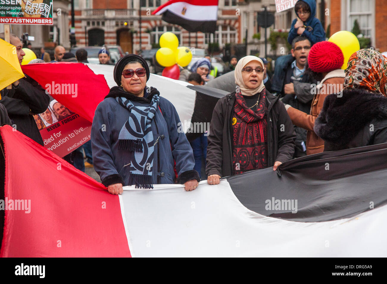 London, UK. 25. Januar 2014. Frauen halten ein riesiges ägyptische Flagge als Ägypter in London drei Jahre seit der Revolution markieren, die das Mubarak-Regime gestürzt. Bildnachweis: Paul Davey/Alamy Live-Nachrichten Stockfoto