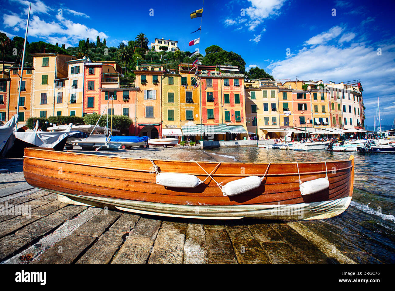 Boot am Ufer, Portofino, Ligurien, Italien Stockfoto