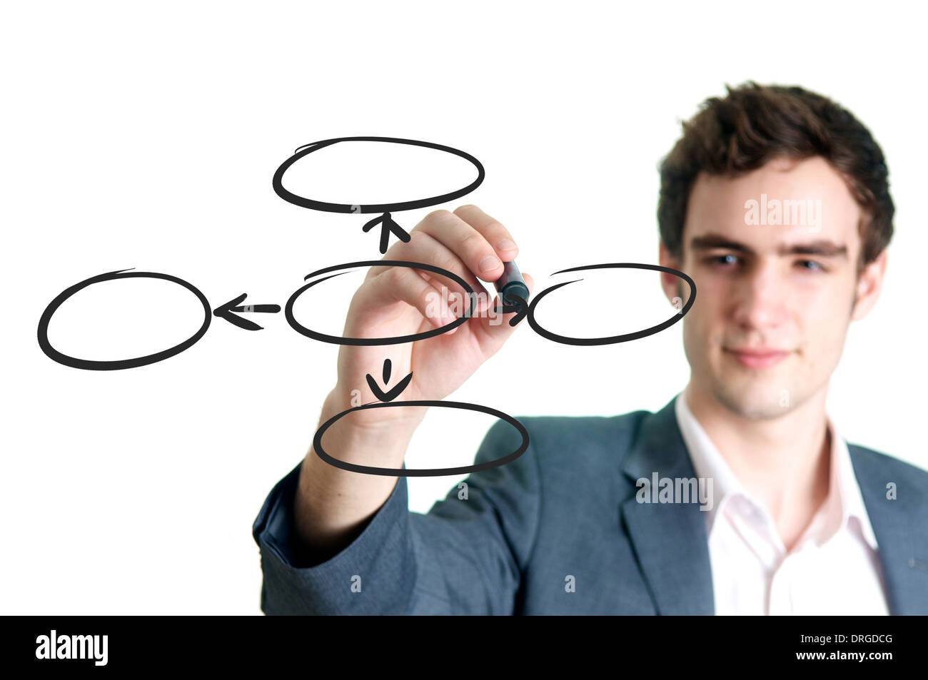 Geschäftsmann, ein leeres Diagramm Kreise auf dem Whiteboard schreiben Stockfoto