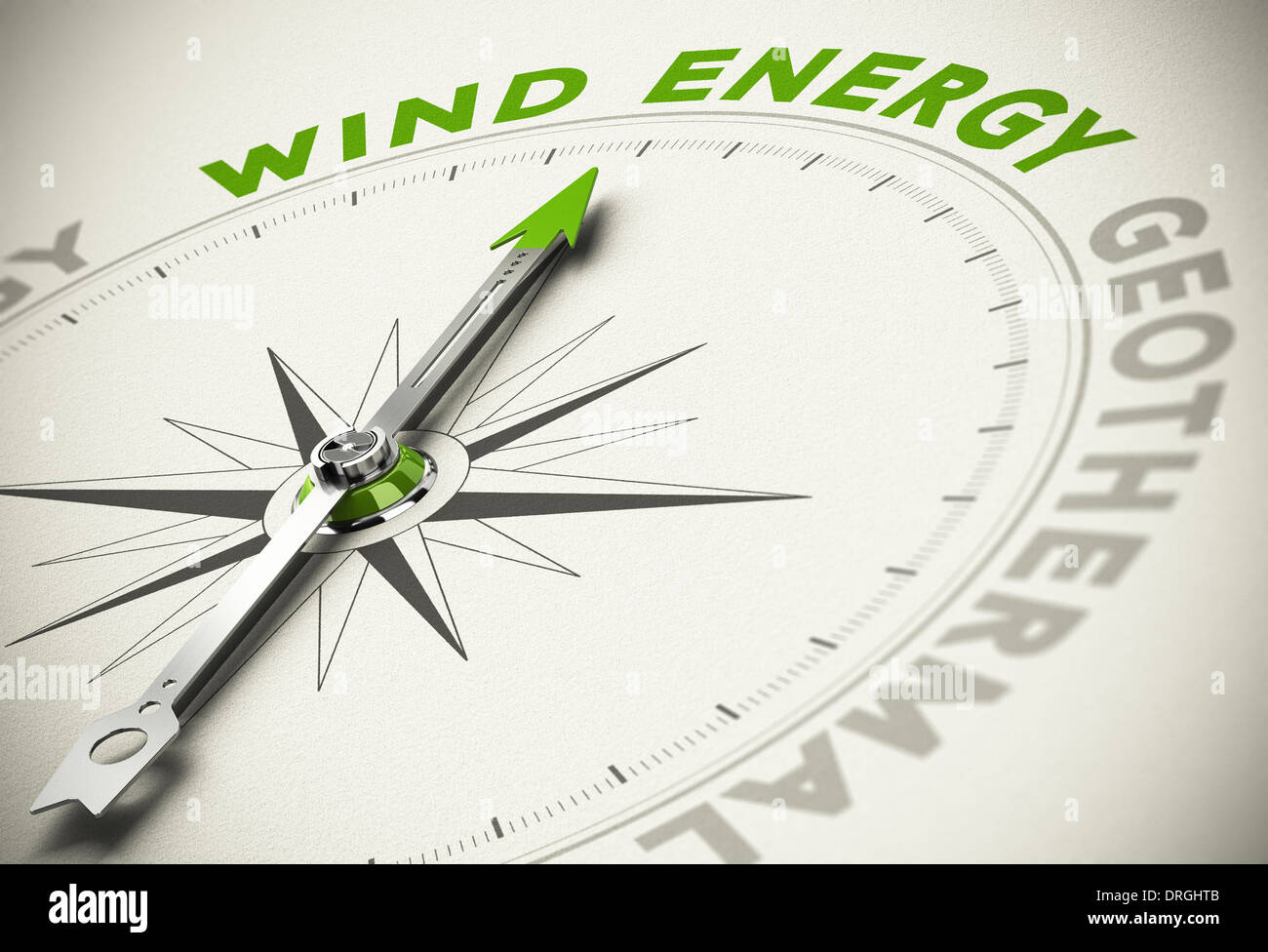 Kompass mit Nadel zeigt den Text Windenergie - grüne und erneuerbare Energien Konzept Unschärfe-Effekt. Stockfoto