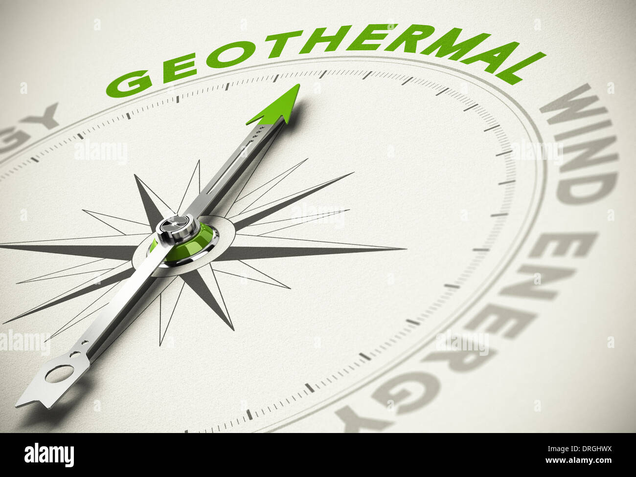 Kompass mit Nadel zeigt den Text Geothermie - grüne und erneuerbare Energien Konzept Unschärfe-Effekt mit Fokus auf das wichtigste Wort. Stockfoto