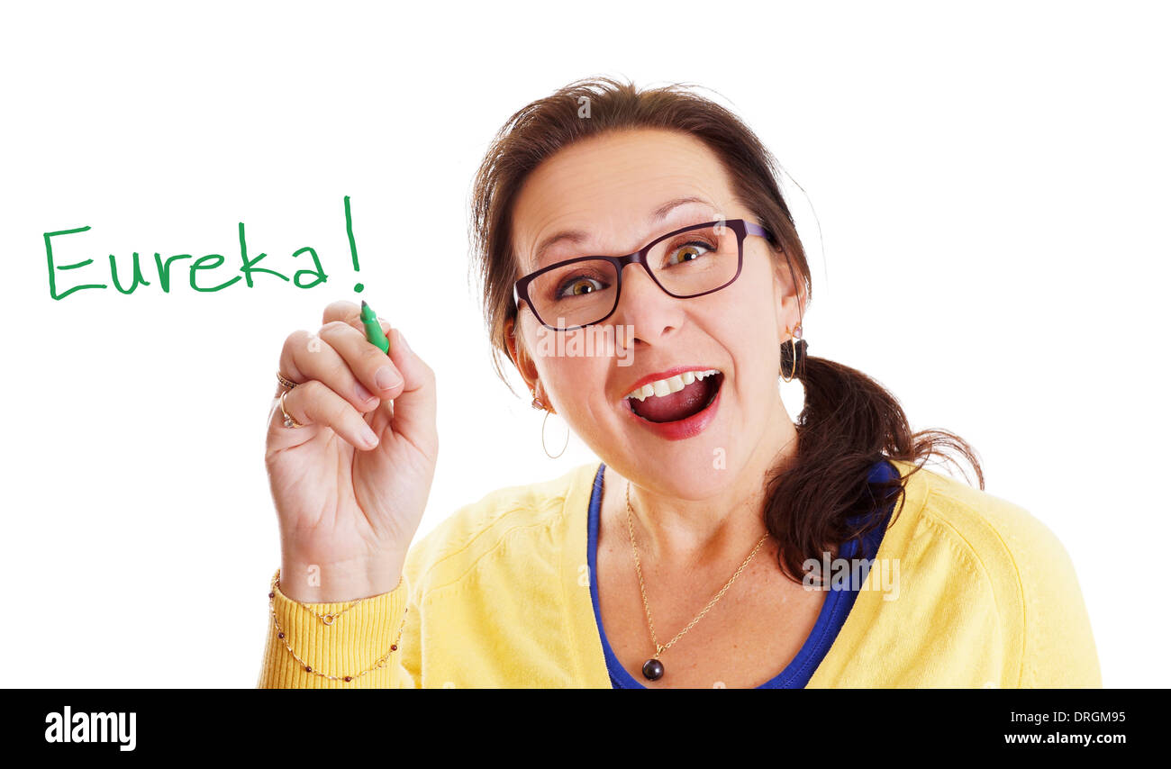 Frau mit Brille, die ein Aha-Erlebnis für große und helle Idee! Stockfoto