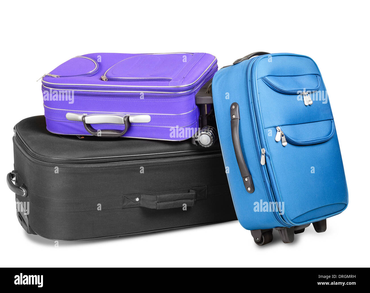 Drei volle und geschlossenen Koffer, schwarz, blau und violett, bereit für die Reise, isoliert auf weißem Hintergrund Stockfoto