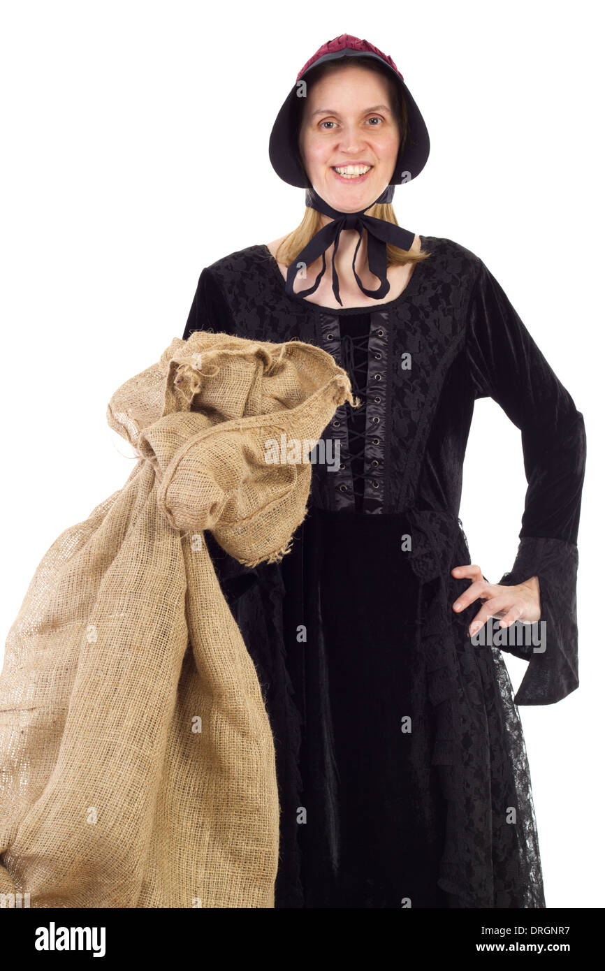 Frau des Mittelalters mit sack Stockfoto