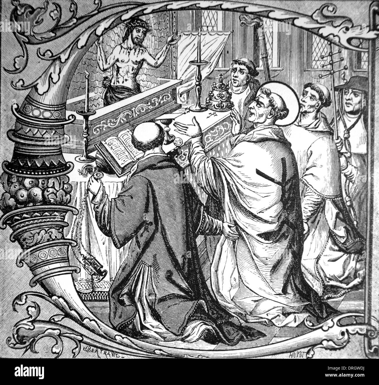 Die Masse des Heiligen Gregor; Eine Legende der eine Vision von Christus St. Gregory in der Heiligen Kommunion. Anfangsbuchstaben von einer Frau, um 1500. Stockfoto