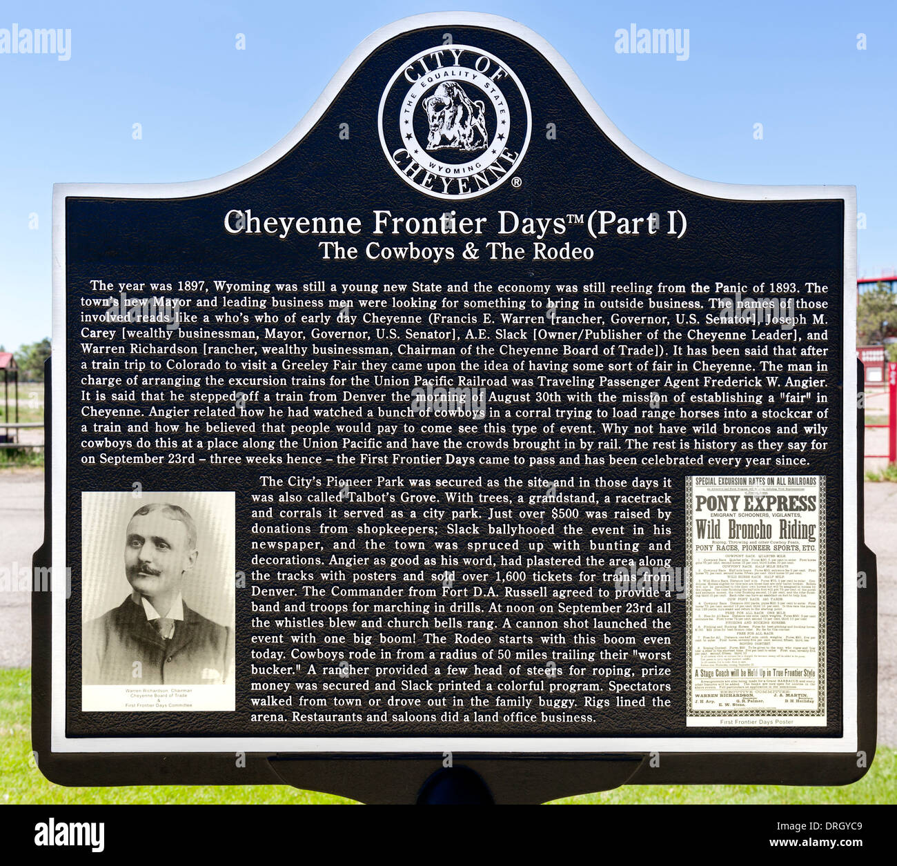 Plaque, die Beschreibung der Geschichte der Cheyenne Frontier Days, Cheyenne, Wyoming, USA Stockfoto