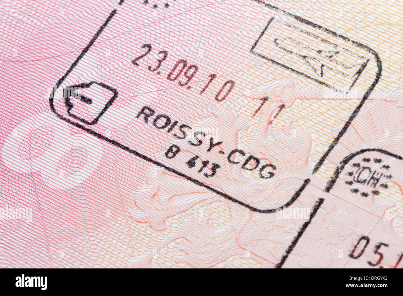 Französische Einreisestempel im Reisepass Stockfoto