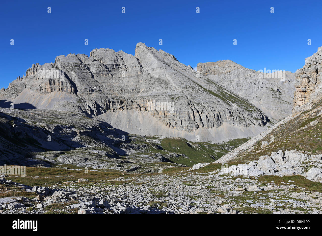 Den Latemar Mountain Range. Den Dolomiten Fleimstal. Valsorda Tal; Blick auf Cimon Latemar, Schenon gipfeln. Trentino, Alpen. Stockfoto