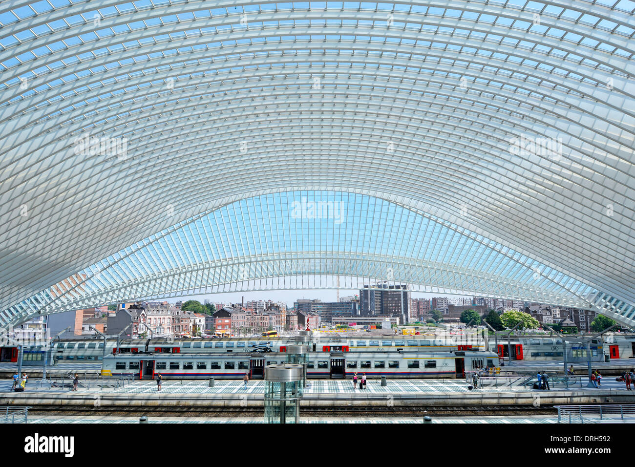 Riesige symmetrische Glasdach Gebäude Kurven über moderne öffentliche Verkehrsmittel Lüttich Belgien Bahnhof Plattform & Gleise Stadt Gebäude über Stockfoto