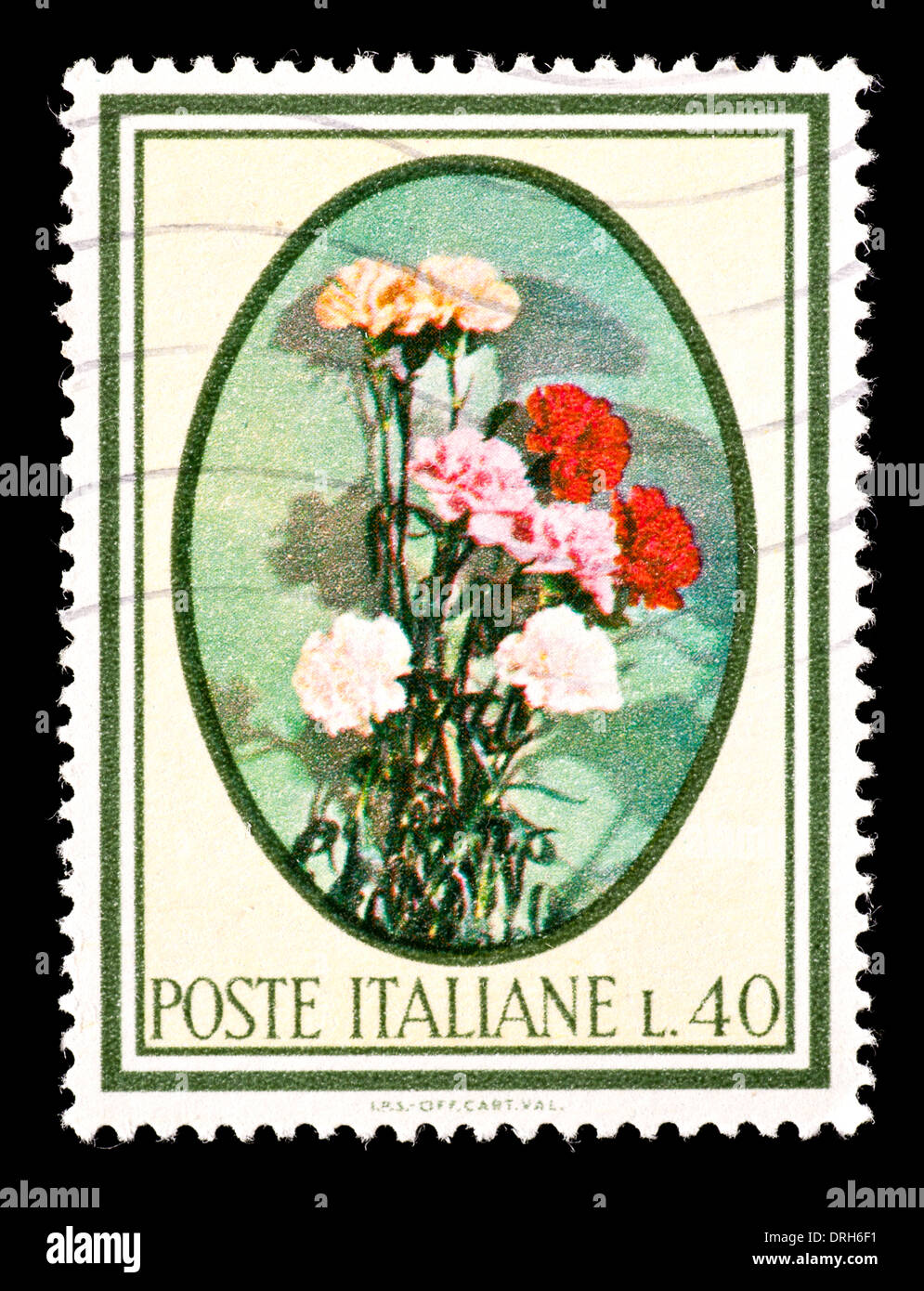 Briefmarke aus Italien mit Nelken. Stockfoto
