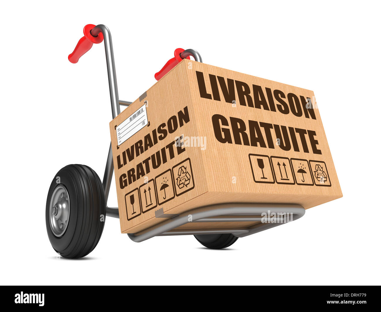 Livraison Gratuite - Karton auf Hand-LKW. Stockfoto