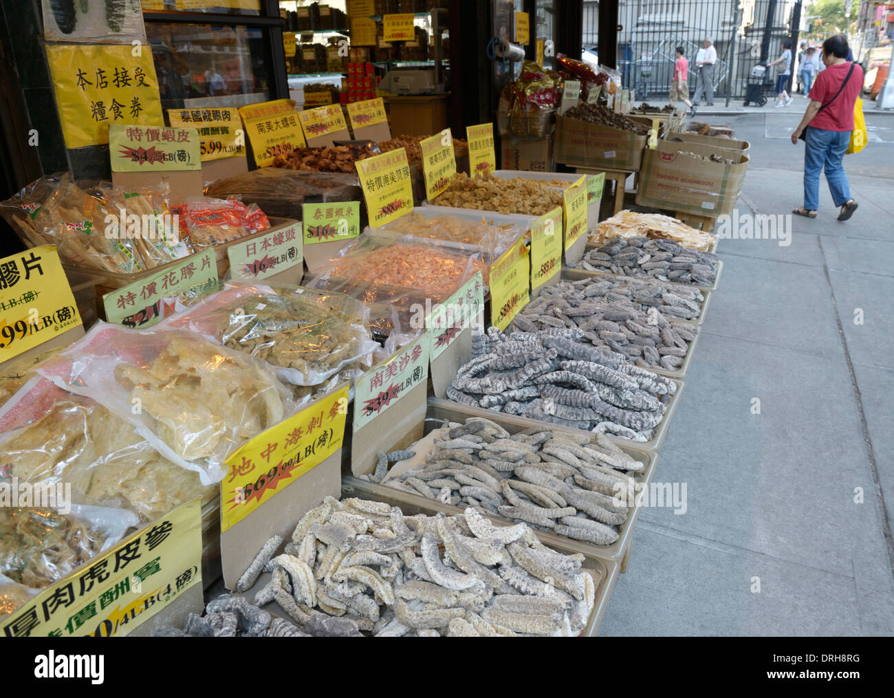 Chinatown-Lebensmittelmarkt mit getrocknete Seegurken, Pilze und andere Elemente auf dem display Stockfoto