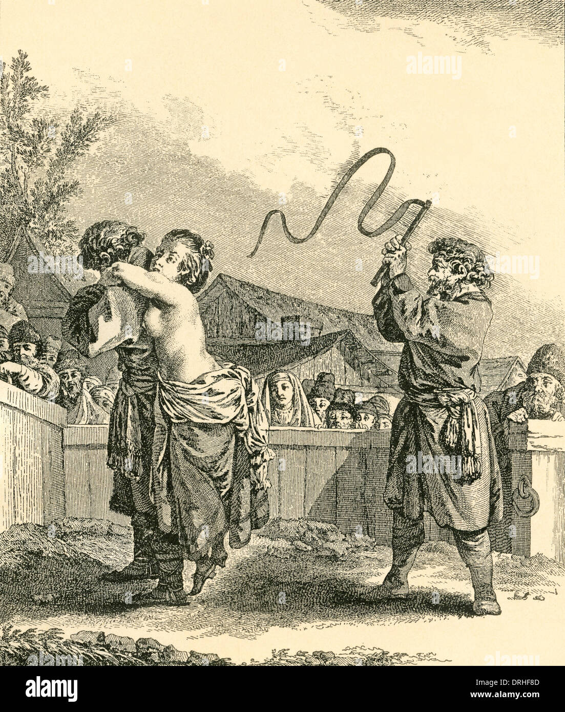 Auspeitschung der Frau überführen in Russland als ein öffentliches Spektakel, mit einer Knute eine schwere Geißel-wie mehrere Peitschen, aus dem 18. Jahrhundert. Stockfoto