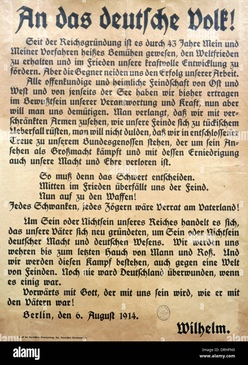 Ansprache von Kaiser Wilhelm II. an das deutsche Volk, WW1
