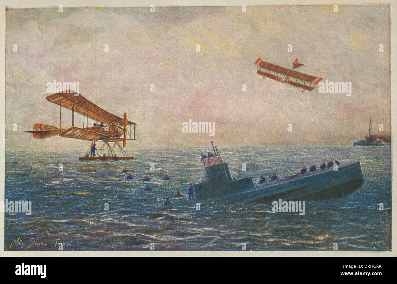 Austro-ungarischen Wasserflugzeuge und sinkenden u-Boot, WW1 Stockfoto