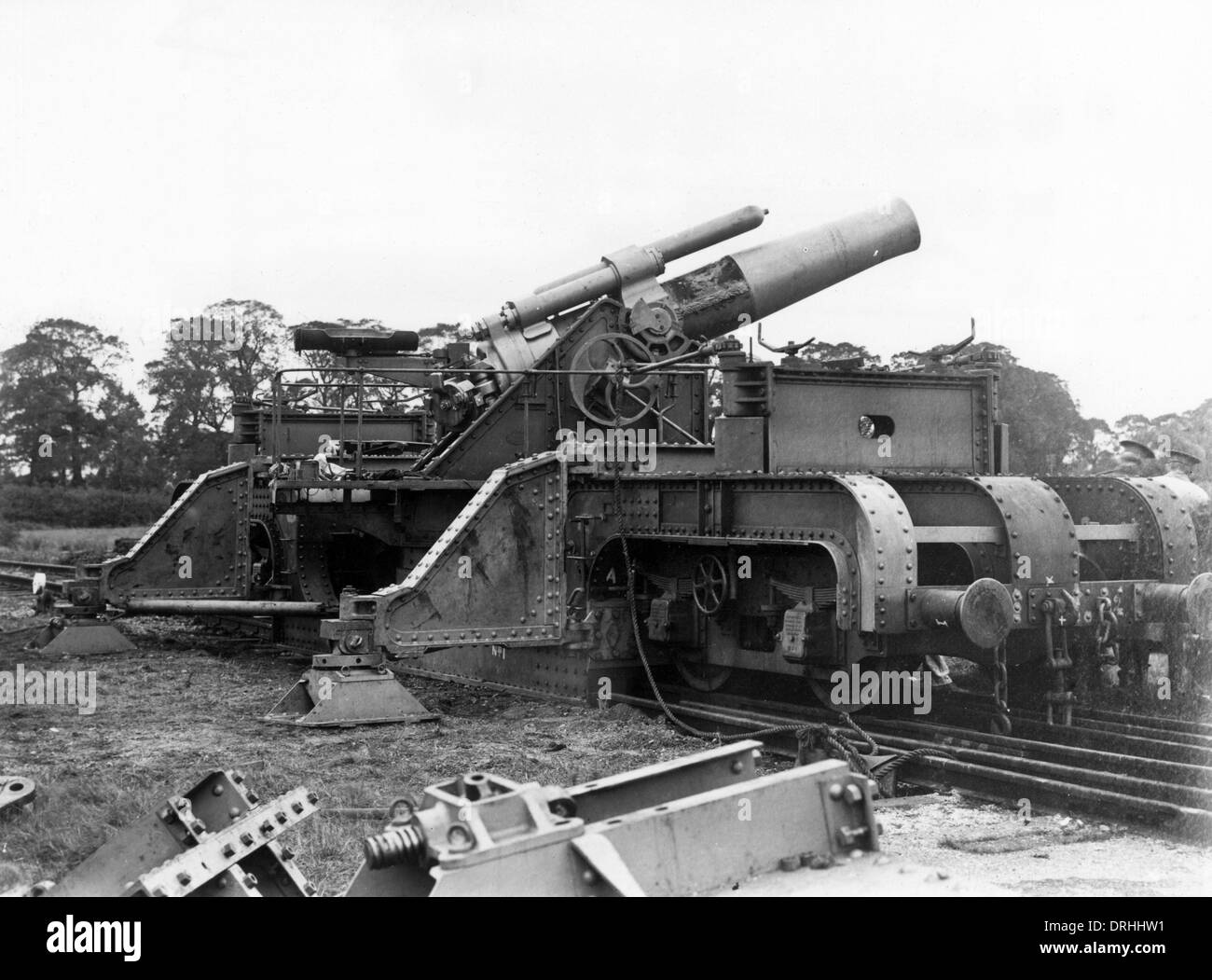 Britische 12 Zoll Haubitze auf Bahn Montage, WW1 Stockfoto